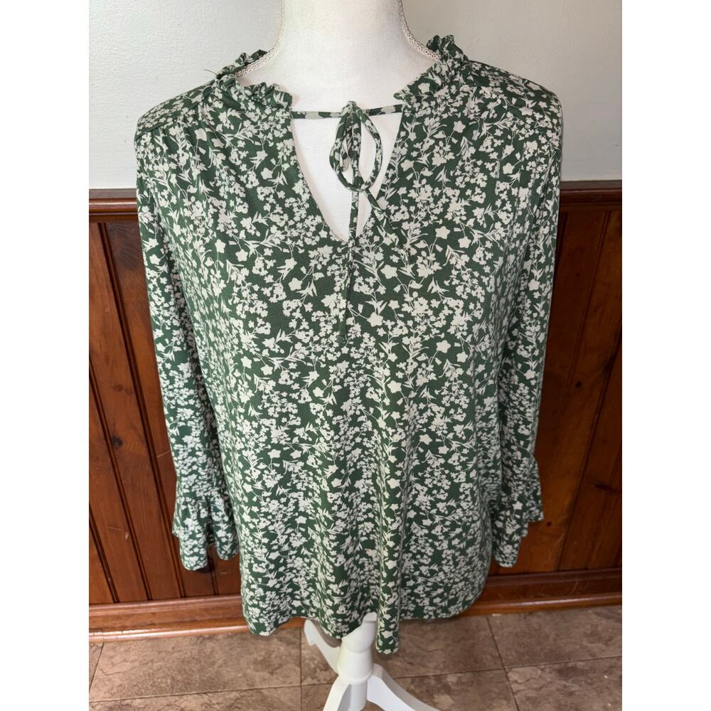 Womens BAUKJEN Green White Floral Keyhole Tie Front Long Sleeve‎ Blouse UK 14